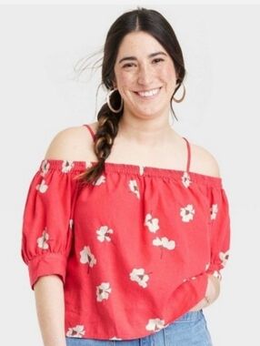 Universal Thread Floral Puff Elbow Sleeve Off Shoulder Peasant Top Red M NWT
